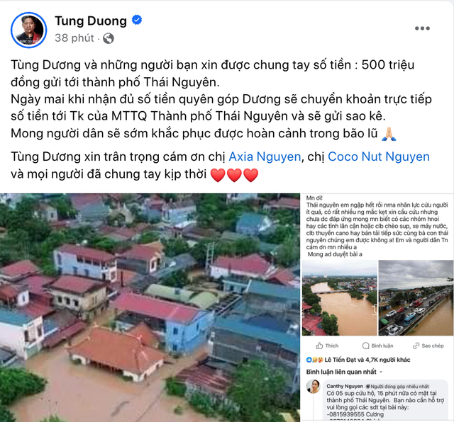 Ca sĩ Tùng Dương hoãn ra MV, cùng những người bạn ủng hộ 500 triệu giúp Thái Nguyên chống lũ