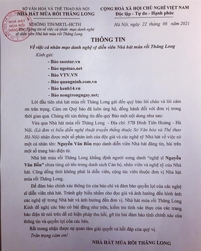 Nhà hát Múa rối Thăng Long lên tiếng về nghệ sĩ múa rối mạo danh