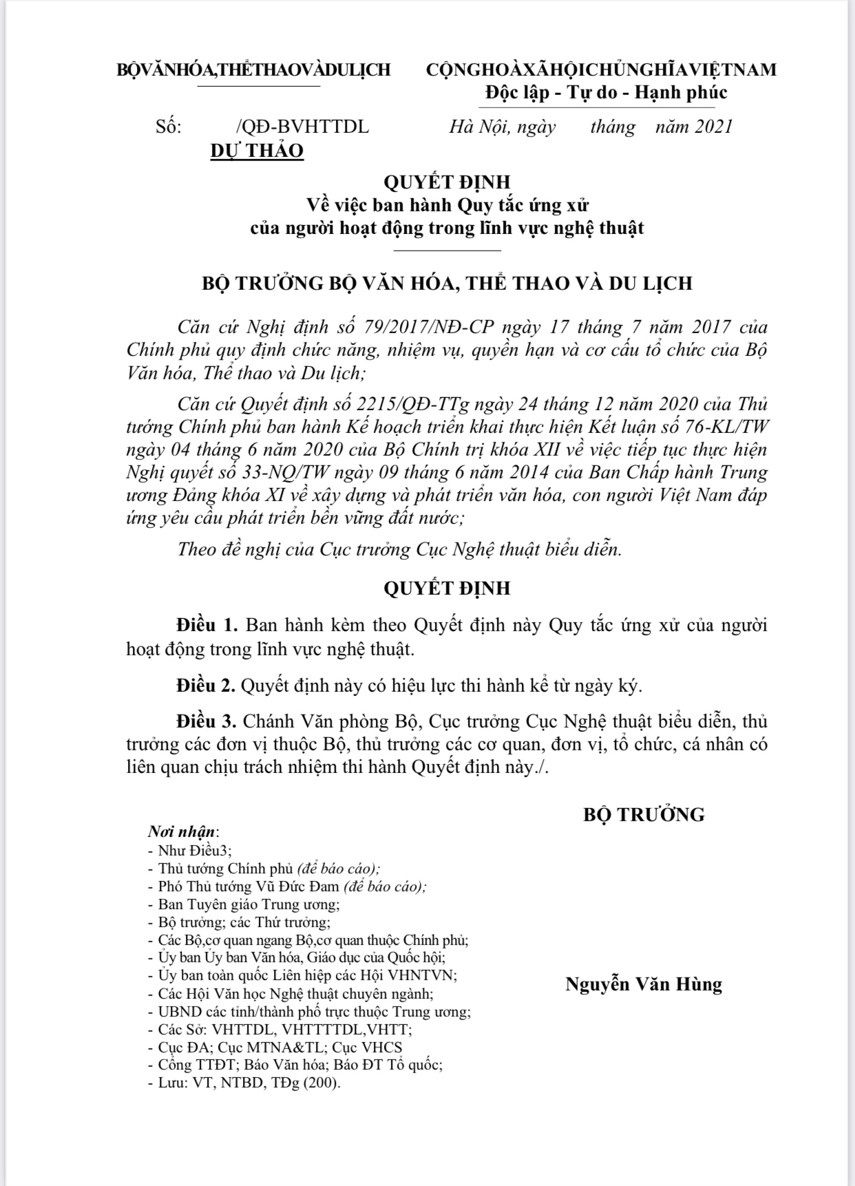 QUYẾT ĐỊNH Về việc ban hành Quy tắc ứng xử của người hoạt động trong lĩnh vực nghệ thuật